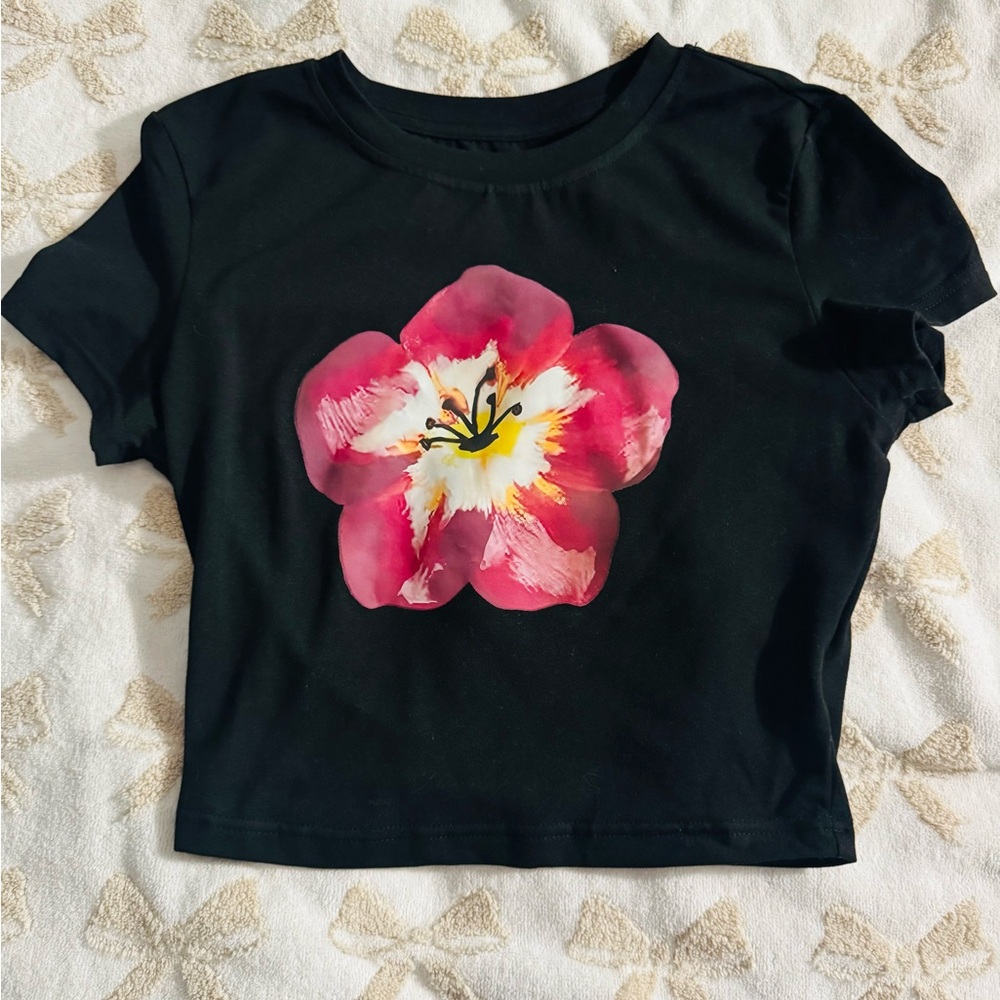 SHEIN Black Tee with Pink Floral Design